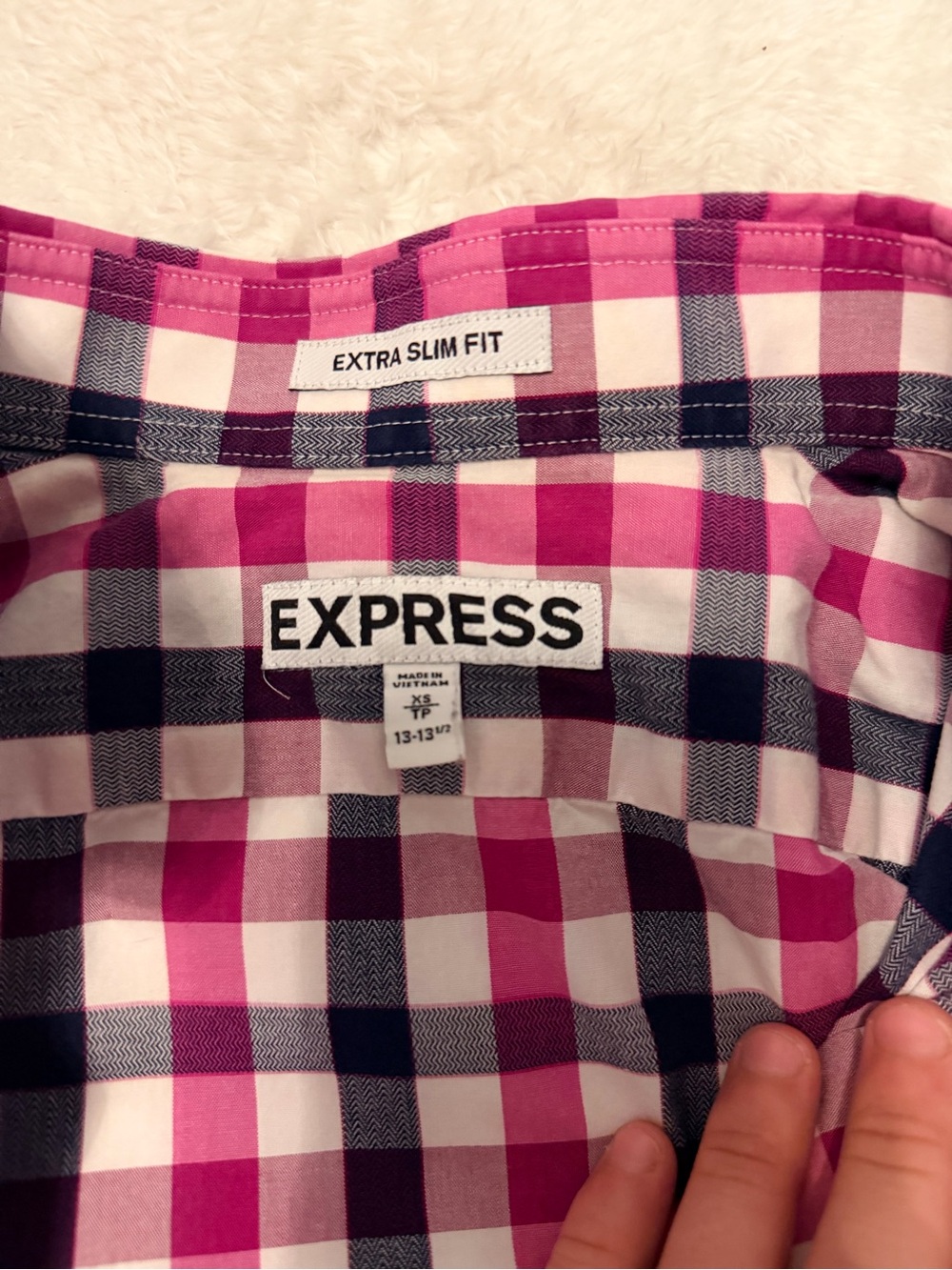 Express Men’s Slim Fit Pink and Navy Plaid Button-Down Shirt